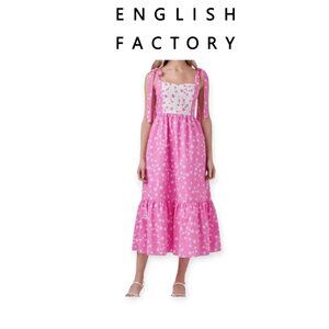 English Factory Sleeveless Tie-Shoulder Pink White Lined Floral Maxi Dress Size